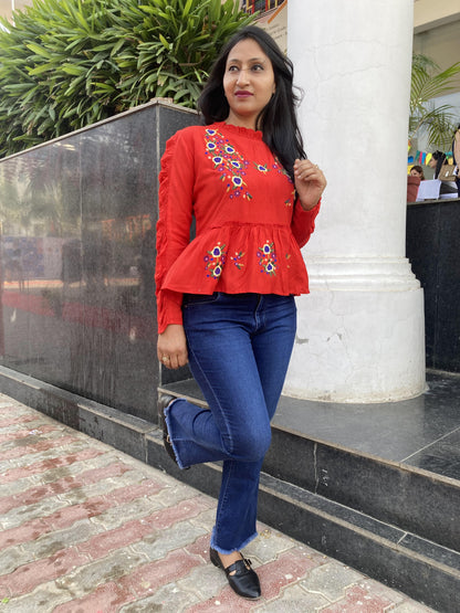 Red Embroidery Western Top